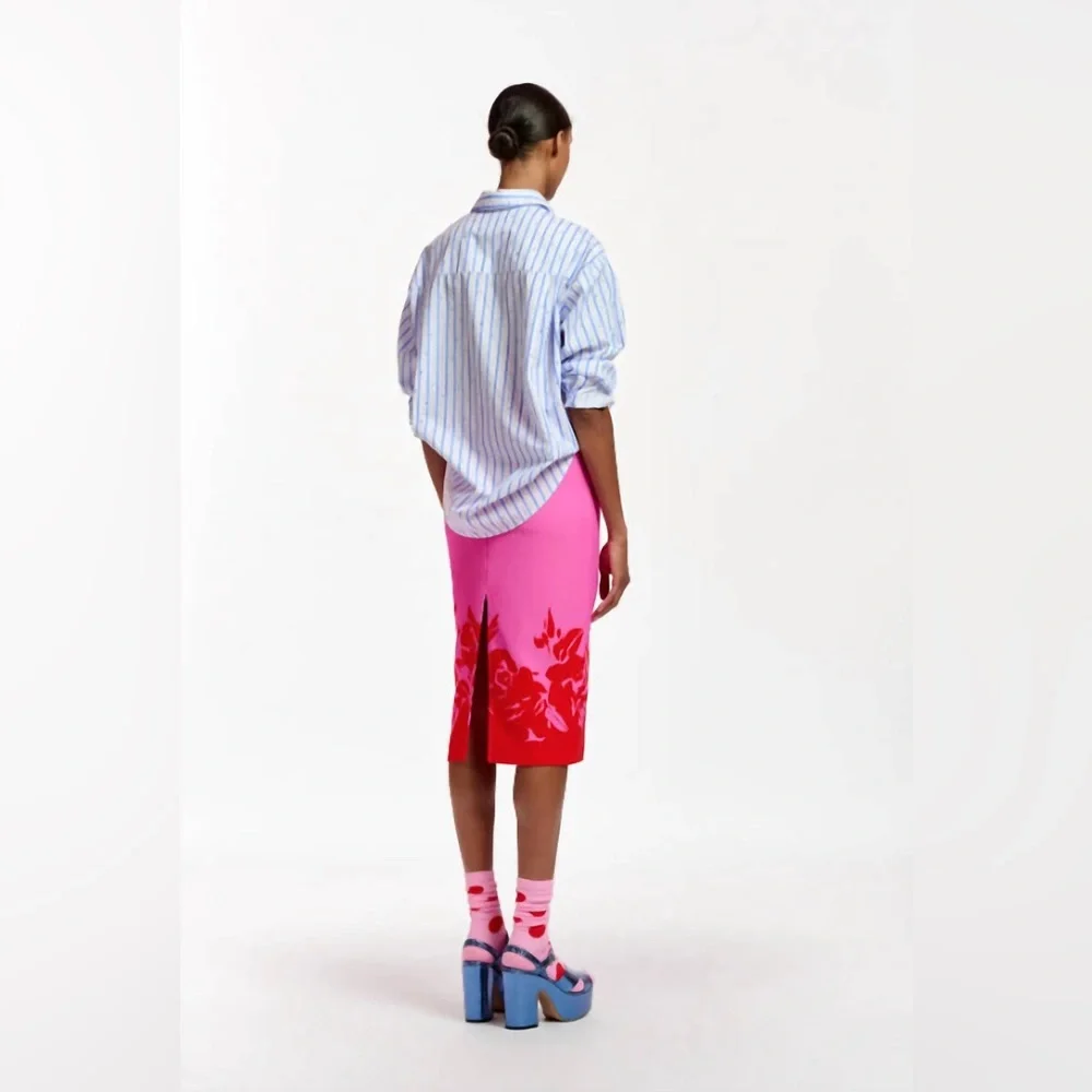 Bright Pink Midi A-Line Skirt with Red Floral Hem - Picture 3 of 8